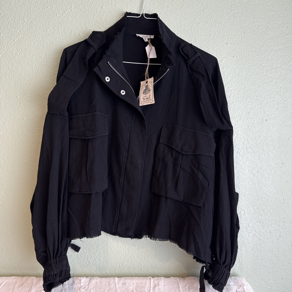 Easel Black Cotton Zip Up, Snap Flap Moto Jacket M Military,Grunge, Punk Rock, M